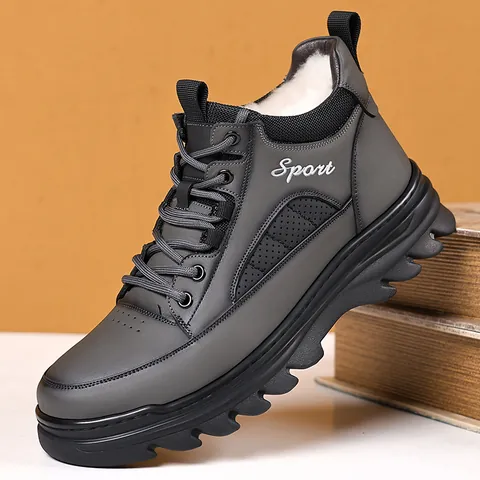 Men's Winter Warm Boots First Layer Cowhide Leather High Top Casual Shoes Non-Slip Rubber Sole Thick Plush Lining Snow Boots