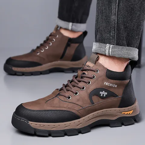 Men's Outdoor Winter Snow Boots Faux Fur Lined Microfiber Leather Hiking Shoes Non-slip Rubber Sole Lace-up Work Boots