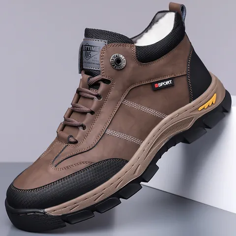 Men's Winter Snow Boots High Top Warm Fleece Lined Outdoor Casual Shoes Anti-Slip Thick Sole Microfiber Leather Boots For Men