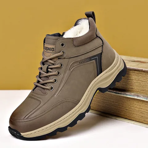Men's Winter High Top Snow Boots Warm Wool Lining Side Zipper Outdoor Anti-Slip Casual Microfiber Leather Cotton Shoes
