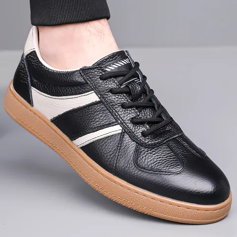 Men's Top Grain Cowhide Casual Board Shoes Retro Lace Up Non Slip Leather Sneakers Versatile Low Top Walking Shoes