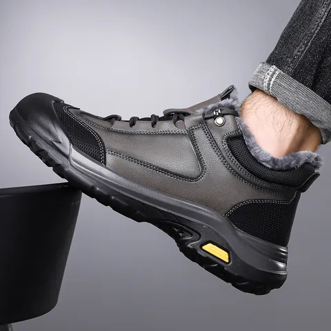 Men High Top Winter Snow Boots Warm Faux Fur Lined Microfiber Leather Outdoor Anti-Slip Rubber Thick Sole Lace-Up Casual Footwear