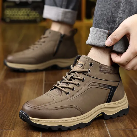 Men's Winter High Top Snow Boots Warm Wool Lining Side Zipper Outdoor Anti-Slip Casual Microfiber Leather Cotton Shoes