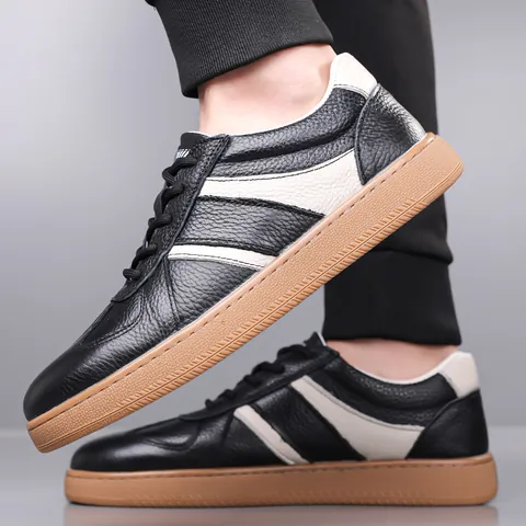 Men's Top Grain Cowhide Casual Board Shoes Retro Lace Up Non Slip Leather Sneakers Versatile Low Top Walking Shoes