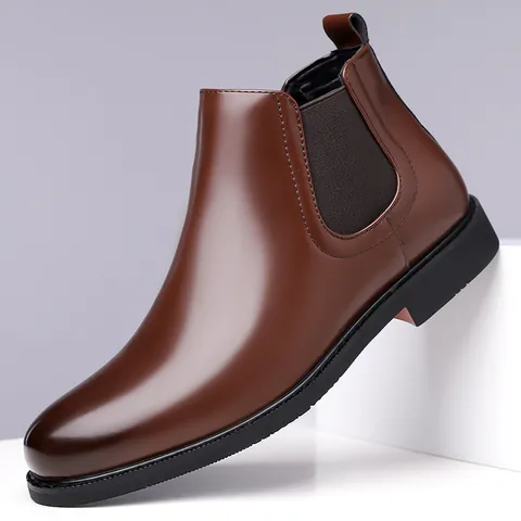 Men's British Style Chelsea Boots Cowhide Leather Slip On Martin Boots Vintage Shiny Formal Business Casual Winter Shoes