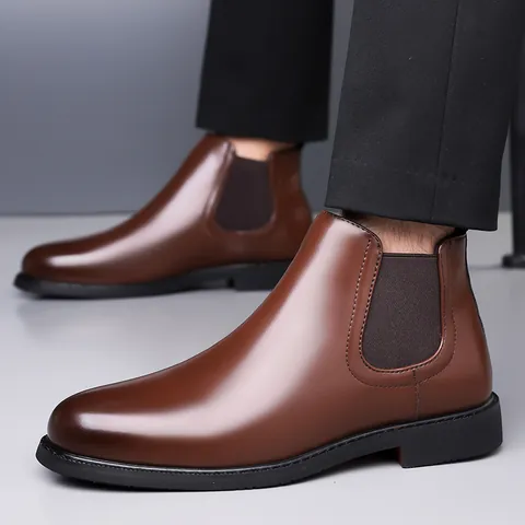 Men's British Style Chelsea Boots Cowhide Leather Slip On Martin Boots Vintage Shiny Formal Business Casual Winter Shoes