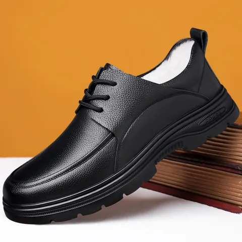 Men's Casual Leather Shoes Winter Warm Fleece Lined First Layer Cowhide Black Lace-up Business Casual Driving Dad Shoes