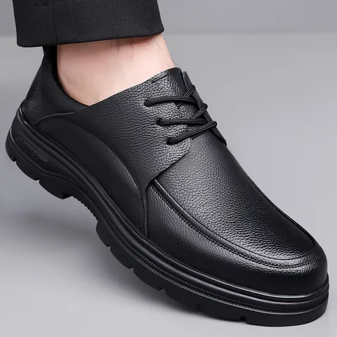 Men's Casual Leather Shoes Winter Warm Fleece Lined First Layer Cowhide Black Lace-up Business Casual Driving Dad Shoes