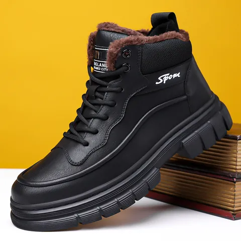 Men Martin Boots High Top Fleece Lined Winter Outdoor Work Shoes Synthetic Leather Rubber Sole Casual Fashion Warm Footwear