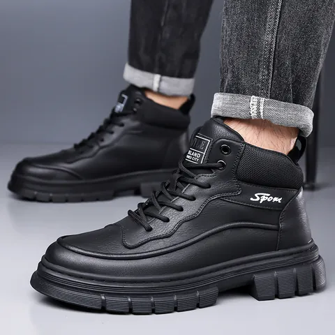 Men Martin Boots High Top Fleece Lined Winter Outdoor Work Shoes Synthetic Leather Rubber Sole Casual Fashion Warm Footwear