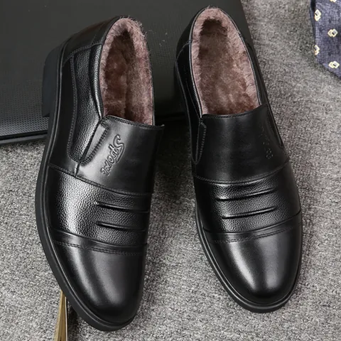 Men Genuine Cowhide Leather Business Shoes Winter Warm Plush Lining Formal Oxford Shoes Casual Slip On Brown Black Dress Shoes