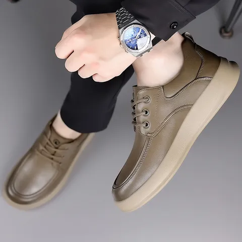 Men's Casual Leather Shoes Autumn Retro Lychee Pattern Thick Sole Non-slip Breathable Fashion Sneakers For Men Footwear