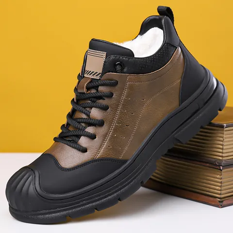 Men's Winter High-top Outdoor Casual Cowhide Leather Boots Fleece Lined Warm Non-slip Hiking Cotton Shoes