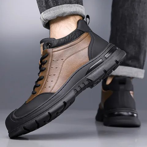 Men's Winter High-top Outdoor Casual Cowhide Leather Boots Fleece Lined Warm Non-slip Hiking Cotton Shoes