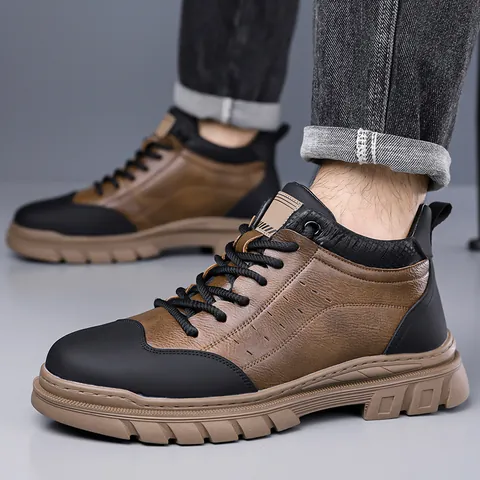 Men High Top Winter Boots Thickened Faux Fur Lining Cowhide Leather Upper Non Slip Rubber Sole Outdoor Casual Lace Up Snow Boots