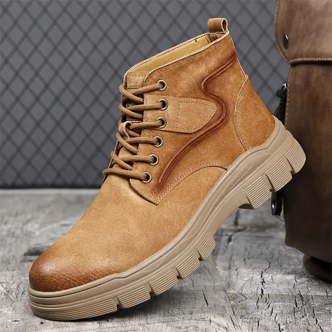 Bottes Martin Style Britannique pour Hommes Décontractées Antidérapantes en Cuir de Porc Refendu pour l'Automne et l'Hiver