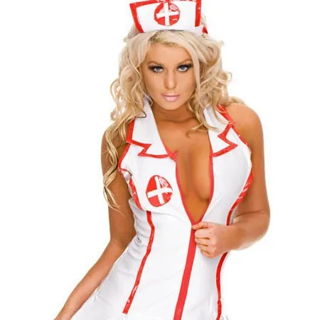Conjunto de Uniforme de Cosplay de Enfermera Sexy para Mujer Vestido de Escote en V Profundo con Cremallera Sombrero y T-Pant para Fiesta