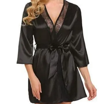 Women's Elegant Satin Robe Lace Trim V Neck Adjustable Belt Short Sleepwear Kimono Style Solid Color Loungewear Dressing Gown
