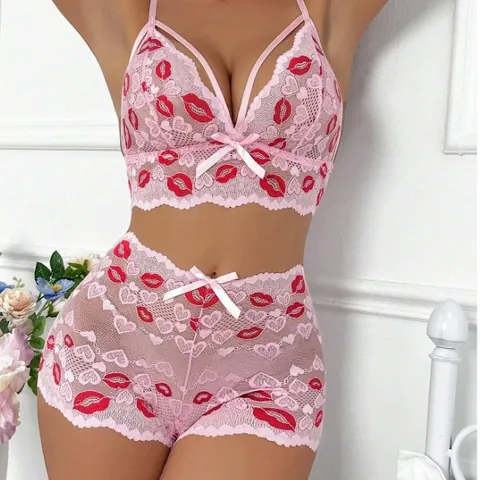 Women Sexy Lingerie Set Pink Lace Red Lip Heart Print Top And Shorts Sheer Sleepwear With Bowknot Decor