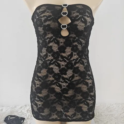 Set Lingerie da Donna Sexy in Pizzo Floreale Trasparente Abito Bodycon Mini Con Fibbie a Cuore in Strass Svuotato Intimo Inclusi Slip