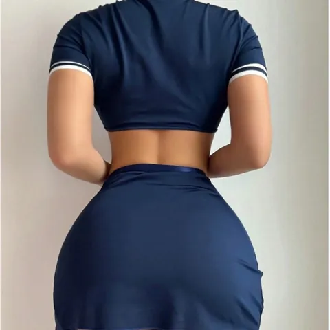 Women Sexy Navy Blue Flight Attendant Uniform Costume Crop Top High Split Skirt Scarf Wing Badge Roleplay Lingerie Outfit