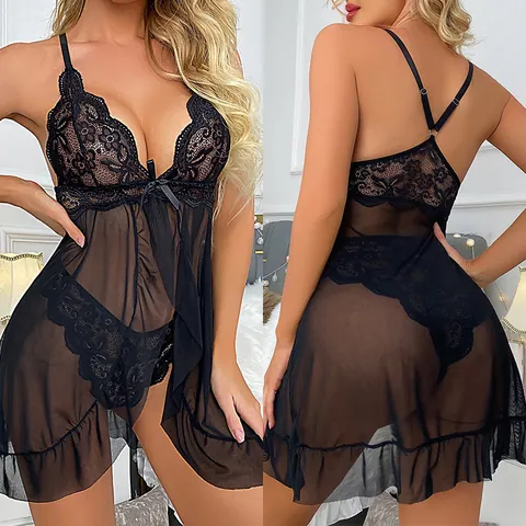 Sexy Damen Lingerie-Oberteil Und G-String Aus Schwarzer Spitze Und Netz Mit Schleifendekor Rüschensaum Verstellbare Träger Transparente Nachtwäsche