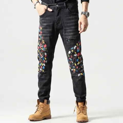 Men Streetwear Distressed Slim Fit Black Jeans Paint Splatter Cotton Denim Pants Fashion Ripped Washed Straight Leg Trousers