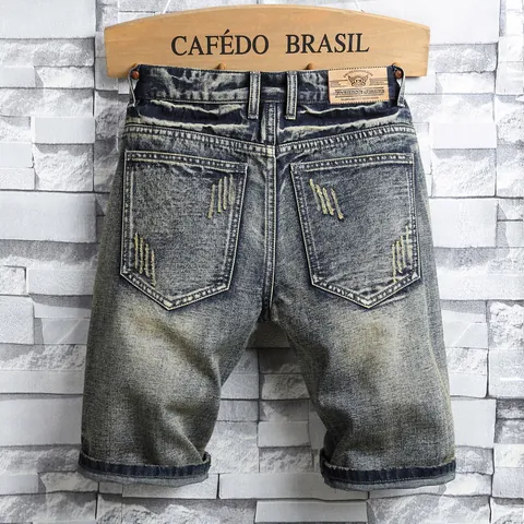 Men Vintage Distressed Denim Shorts Washed Cotton Ripped Patchwork Americana Style Slim Fit Mid Waist Zipper Fly Shorts