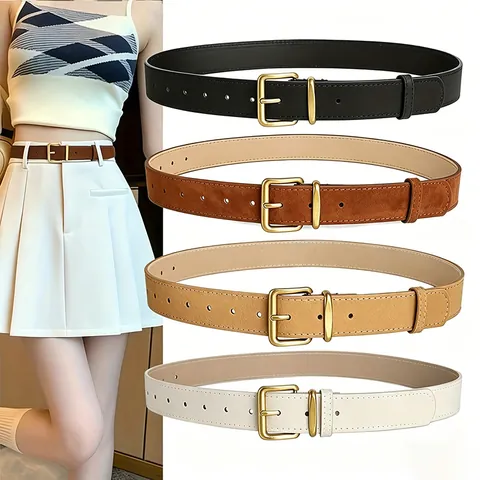 Women Vintage PU Leather Belt With Alloy Square Pin Buckle Solid Color Suede Textured Waistband For Jeans Dresses Women Accessories