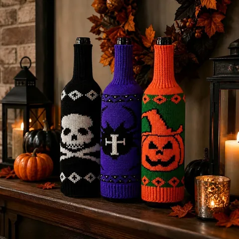 Halloween Knitted Wine Bottle Covers Skull Pumpkin Spider Patterns For Festive Dining Table Decoration Champagne Gift Sleeves