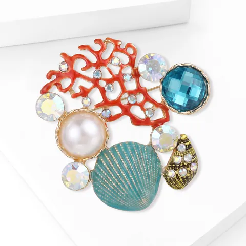 Exquisite Alloy Rhinestone Sea Shell Conch Starfish Brooch With Faux Pearl For Women Suit Shirt Pin Jewelry Accessory