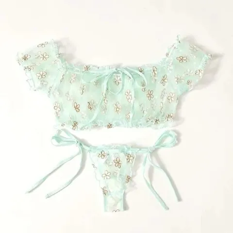Ensemble Lingerie Femme Sexy Vert Menthe en Dentelle et Maille Avec Broderie Florale Haut à Volants et String Ensemble de Sous Vêtements Érotiques Deux Pièces