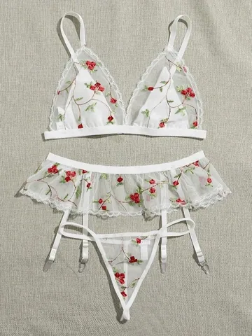 Lingerie Sexy pour Femmes en Maille Transparente Blanche Avec Broderie Florale Soutien-Gorge Porte-Jarretelles Et String