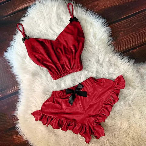 Donna Sexy Pizzo Due Pezzi Pigiameria Canotta Scollo V E Pantaloncini Volant Con Fiocco Dolce Loungewear Lingerie Notte