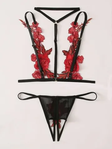 Dames Sexy Rozenborduurwerk Harness Lingerieset Open Mesh BH En G-String Tweeledig Sensuele Lingerie Valentijn Cadeau