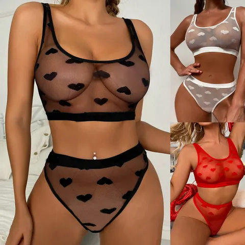 Sexy Mesh Heart Pattern Lingerie Set Transparent Sleeveless Top And High Waist Panties For Valentine Day Nightwear Women