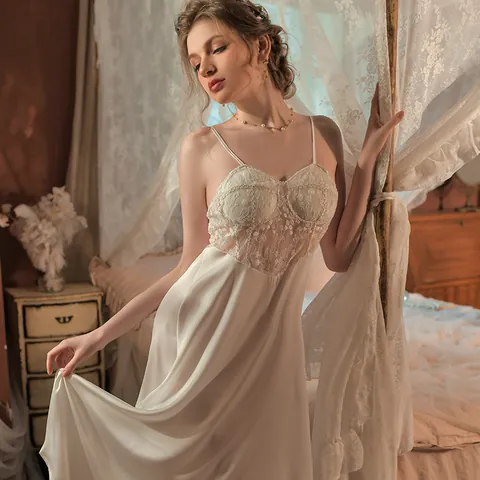 French Style Women Lace Patchwork Satin Spaghetti Strap Nightgown And T-back Backless Elegant Sleepwear Home Dress