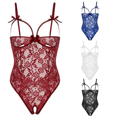Body de Encaje Sexy para Mujer Patrón Floral Decoración Lazo Busto Abierto Sin Entrepierna Lencería de Una Pieza