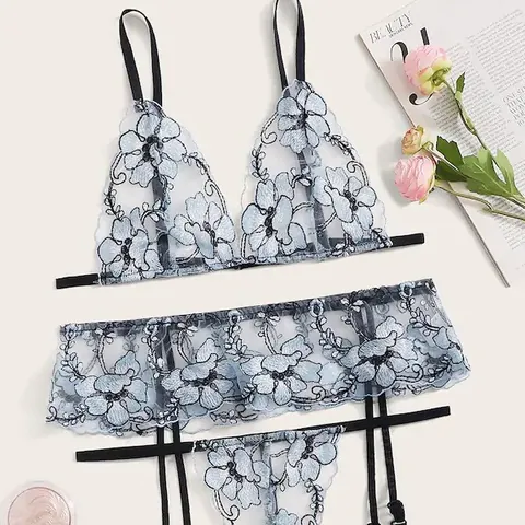 Ensemble de Lingerie Sexy en Dentelle Brodée pour Femmes Soutien-gorge en Maille Florale Porte-jarretelles String