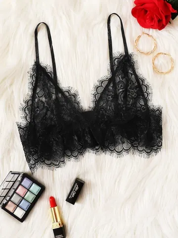 Reggiseno Bralette Sexy in Pizzo Ciglia da Donna Scollo a V Floreale Spalline Sottili Senza Ferretto Lingerie Top
