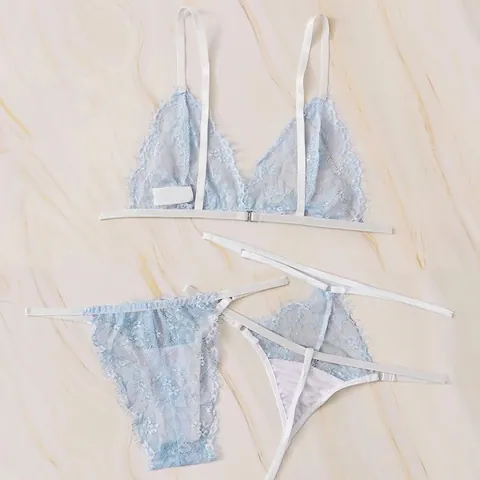 Lingerie Sexy Azzurra in Pizzo Floreale Con Bordo a Ciglia Reggiseno a Triangolo E Mutandine Donna Intimo Romantico in Spandex