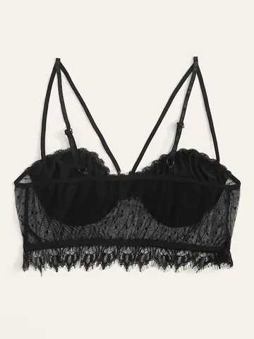 Reggiseno da Donna Taglie Forti in Pizzo Nero Sexy Bralette con Bordo a Ciglia Spalline Regolabili Intimo Sexy in Rete a Pois
