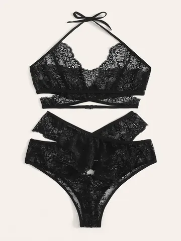 Damen Plus Size Sexy Schwarze Spitze Lingerie Set Neckholder Bra Und Cut Out Slip Nachtwäsche Unterwäsche Set