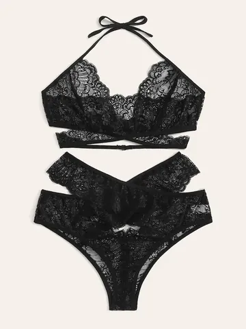 Damen Plus Size Sexy Schwarze Spitze Lingerie Set Neckholder Bra Und Cut Out Slip Nachtwäsche Unterwäsche Set