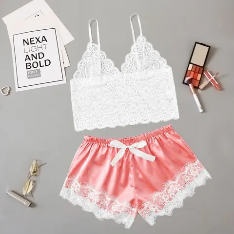 Women Sexy Lingerie Pajama Set White Lace Camisole Top And Satin Shorts Two Piece Sleepwear Casual Home Wear Nightwear
