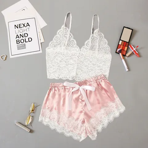 Women Sexy Lingerie Pajama Set White Lace Camisole Top And Satin Shorts Two Piece Sleepwear Casual Home Wear Nightwear
