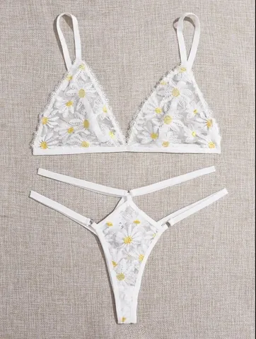 Ensemble de Lingerie Sexy en Dentelle Blanche pour Femmes Broderie Marguerite Soutien-Gorge Triangle Et String Ajouré Lingerie