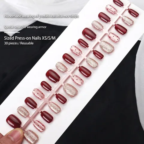 Unghie Finte Corte Quadrate Rosso Vino Rosa Pois Glitter Resina ABS Unghie Finte per Donna Fai da Te Accessori Manicure