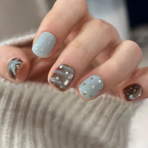 Short Squoval Press On Nails Blue Brown Color Block Star Stripe Printed Glossy ABS Resin Reusable Artificial Nails For Women
