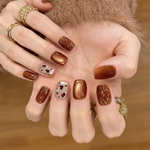 Estampado de Leopardo Ojo de Gato Uñas Postizas a Presión Resina ABS Cuadrado Redondo Corto Rojo Marrón Ámbar Hecho a Mano Reutilizables Uñas para Mujer Arte de Uñas